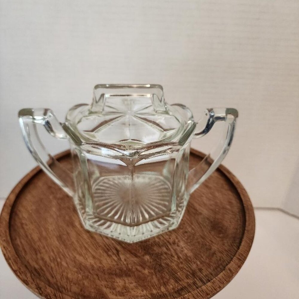 Depression Glass Sugar With Lid, Art Deco Panel Design Octagon Handles Vtg.